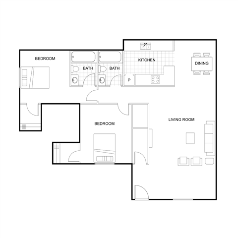 A black and white image of a house floor plan with two bedrooms, a living room, a kitchen, a dining area, and two bathrooms.